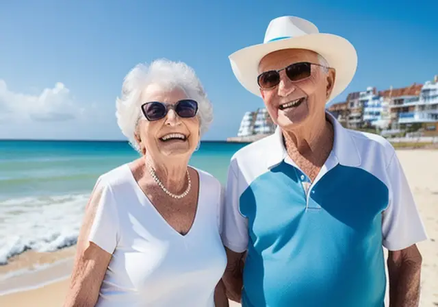 Elderly couple enjoying retirement on a sunny beach