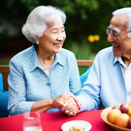 Elderly couple holding hands during a family gathering